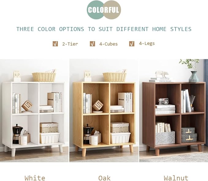 IOTXY Freestanding Open Cubes Bookcase - 2-Tier Floor Standing Wooden Storage Display Cabinet Organizer with Legs for Home Office, 4-Cubes Open Shelf Low Short Bookshelf, Walnut