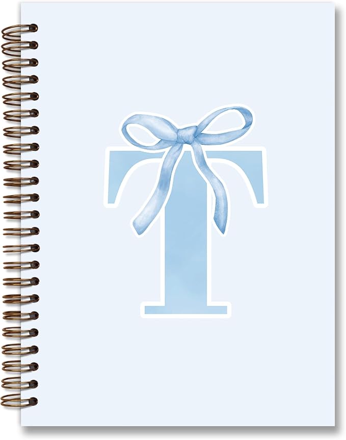 Initial T Notebook Journal,Personalized Teen Girl Gifts,Coquette Trendy Preppy Blue Bow Spiral Notebook,Monogrammed Gifts for Women Teen Girl,College Ruled Hardcover Spiral Notebook 5.5 x 8.3