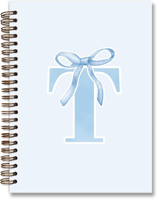Initial T Notebook Journal,Personalized Teen Girl Gifts,Coquette Trendy Preppy Blue Bow Spiral Notebook,Monogrammed Gifts for Women Teen Girl,College Ruled Hardcover Spiral Notebook 5.5 x 8.3