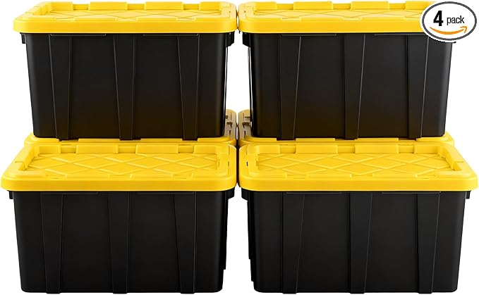 4-Pack Industrial Tote, Plastic Storage Container Bins with Lids, 7 Gallon - Heavy-Duty Organizing Containers for Home, Warehouse, and Transport