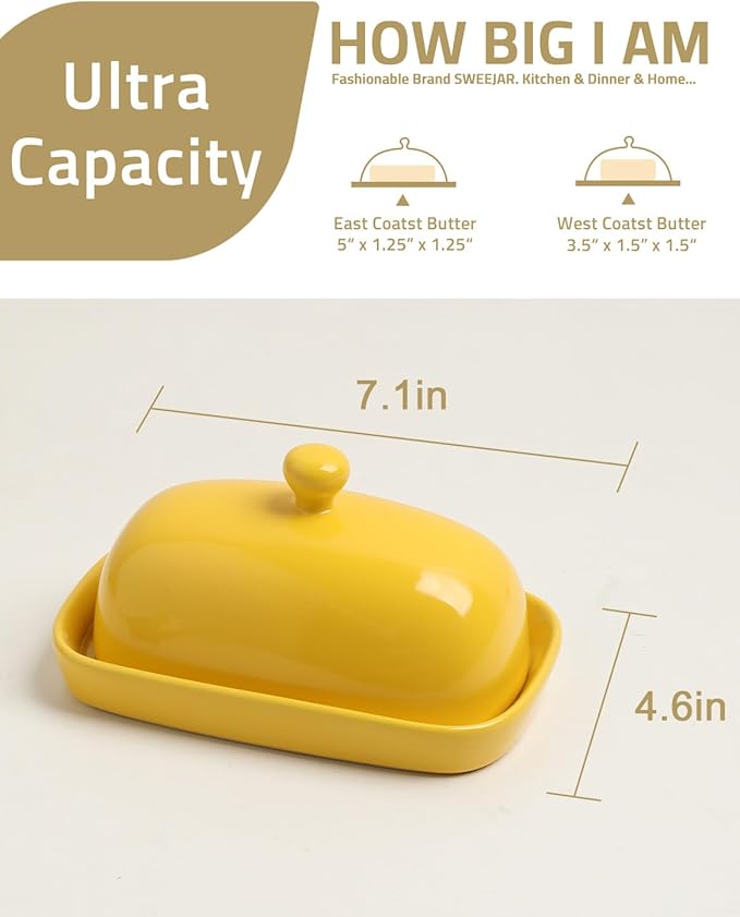 Sweejar Ceramic Butter Dish with Lid for Countertop,Porcelain Butter Keeper with Knob Handle,Butter Container for East/West Coast Butter, 7 inches (Yellow)