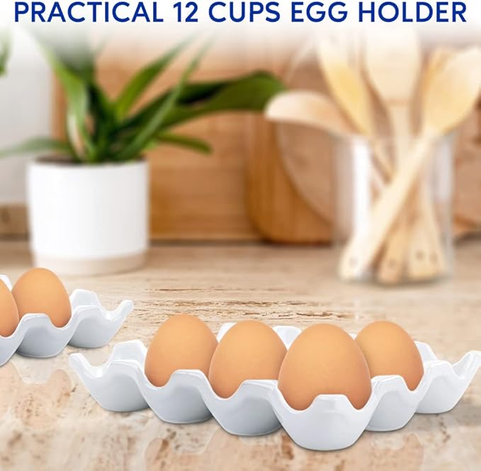 Ceramic Egg Tray Holder 12 Cups Whole Dozen Porcelain Eggs Container Crate Keeper for Countertop Kitchen Storage Fridge Decorative Serving Display