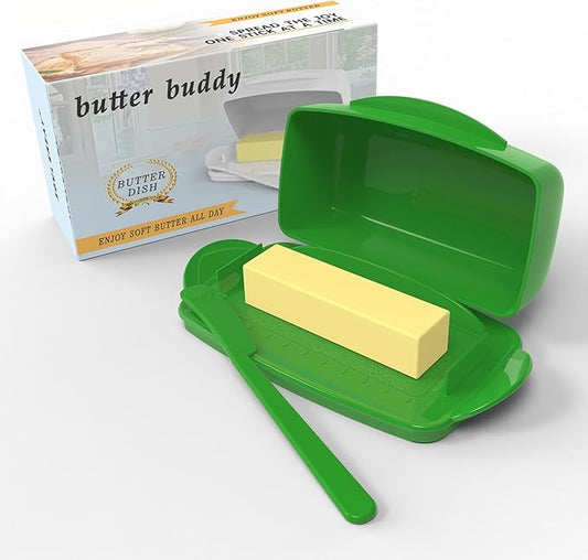 Butter Dishes with Lid for Countertop Refrigerator, Plastic Butter Dish Clear Flip Top Lid Butter Container with Spreader, Non-Slip Bottom Butter Holder Keeper (Green)