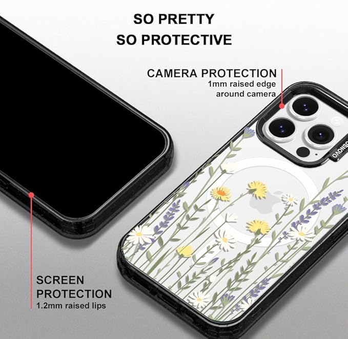 MOSNOVO Magnetic Case for iPhone 14 Pro, 10ft Military-Grade Protection, Compatible with Magsafe, Shockproof Phone Case for iPhone 14 Pro - Wild Meadow - Clear Black