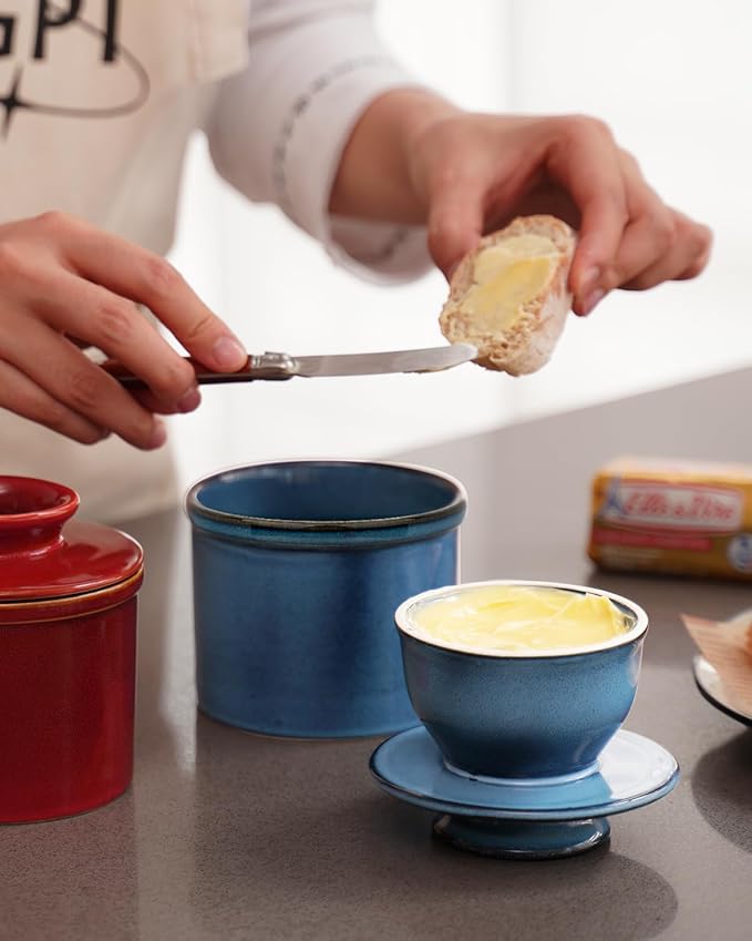 French Butter Dish, Butter Crock for Counter with Water Line, Ceramic Butter Keeper for Spreadable Butter - Chrismas Gift Home Kitchen Decor - Reactive Glaze Collection - Blue