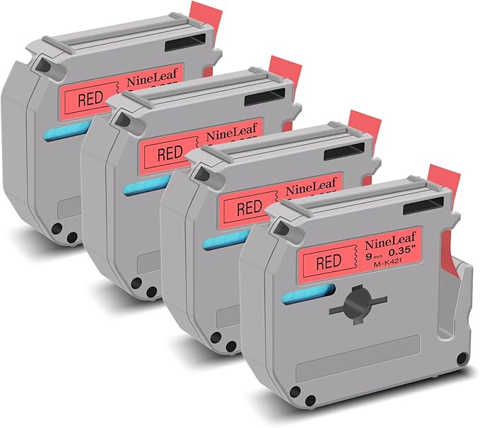 NineLeaf 4 Pack Compatible for Brother P-Touch M Label Tape MK421 M-K421 M421 Black on Red 3/8" (9mm) x 26.2ft (8m) Labeling Refill Cartridge Work in PT-45M PT-65 PT-70 PT-80 PT-M95 Label Maker