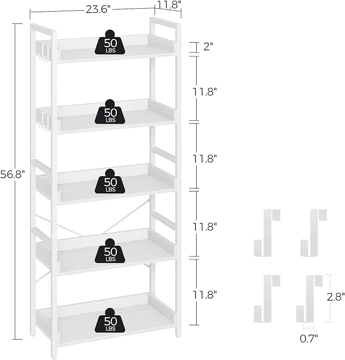 Rolanstar Bookshelf 5 Tier with 4 Hooks, Industrial Wood Bookcase, Vintage Storage Rack with Open Shelves, Rustic Standing Bookshelves Metal Frame Display Rack for Living Room, Bedroom, White