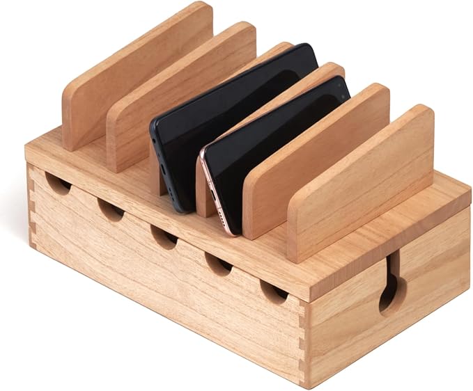 KIRIGEN Wood Charging Station Rack Organizer for Multiple Devices Desktop Organizer with 5 Ports for Cell Phones, Tablets, Earphones Wooden Cable Management DDXH-NA