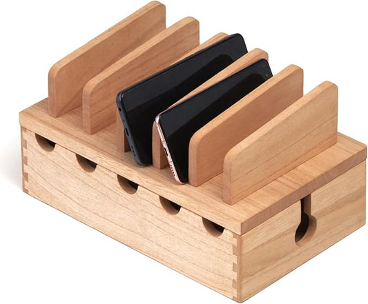 KIRIGEN Wood Charging Station Rack Organizer for Multiple Devices Desktop Organizer with 5 Ports for Cell Phones, Tablets, Earphones Wooden Cable Management DDXH-NA