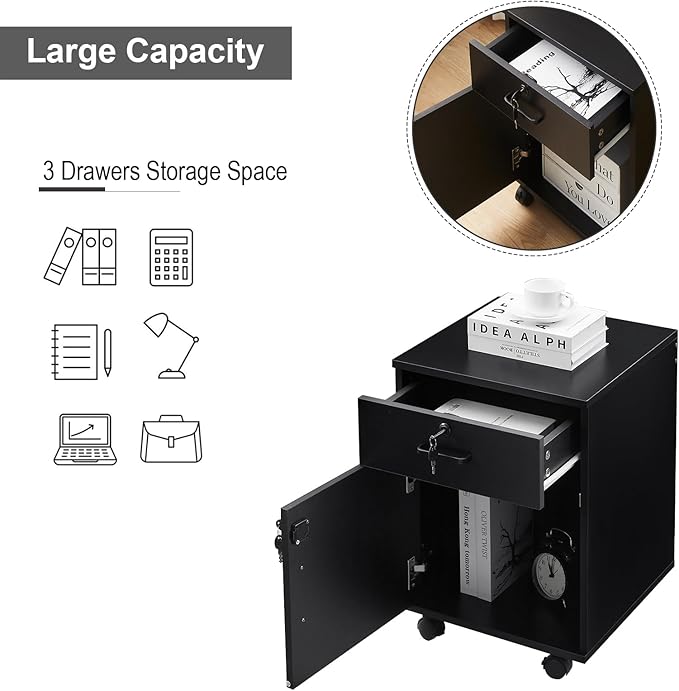 File Cabinet with Lock and Drawer, Mobile Under Desk Storage Cabinet with 360° Swivel Wheels, Wooden Filing Cabinet File Organizer for Legal/Letter/A4 Documents, Home Office Filing Cart (Black)