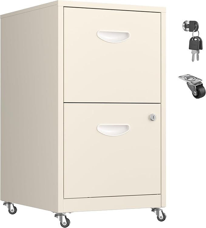 2 Drawer Mobile File Cabinet with Lock, Metal Filing Cabinets with Wheels,Rolling Storage Cabinet, Under Desk Vertical File Cabinet for Home Office, Lockable Steel Two Drawer for Letter Size, Cream