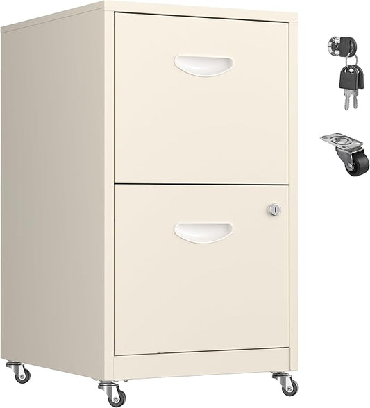 2 Drawer Mobile File Cabinet with Lock, Metal Filing Cabinets with Wheels,Rolling Storage Cabinet, Under Desk Vertical File Cabinet for Home Office, Lockable Steel Two Drawer for Letter Size, Cream