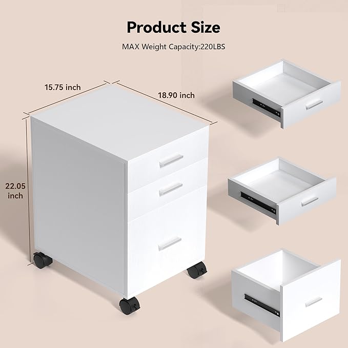 3 Drawer Mobile File Cabinet on Wheels,White Rolling Storage Cart Organizer for Letter/A4 Files, Ideal for Office, Home, Classroom Organization,Printer Stand,19" L x 16" W x 22" H