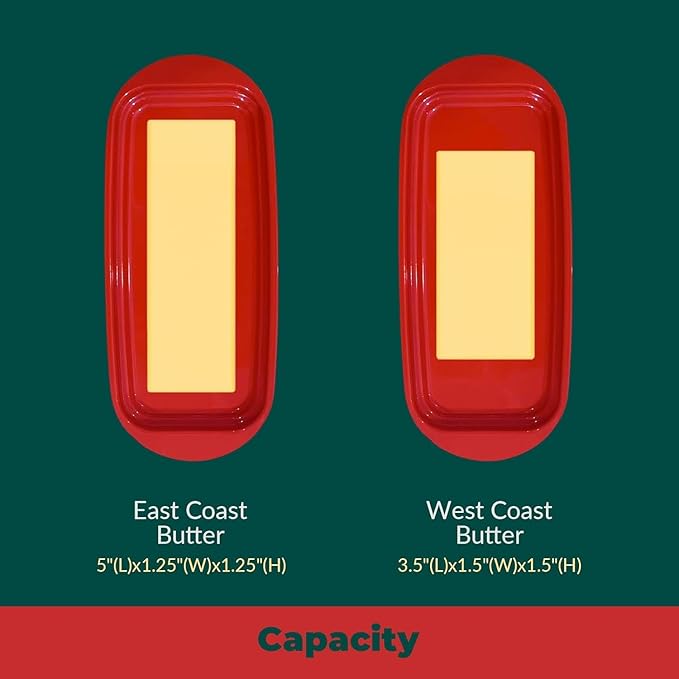 Butter Dish with Lid and Knife, Durable Countertop & Fridge Butter Keeper, BPA-Free Melamine Butter Container, Dishwasher Safe, Fits East/West Coast Butter Sticks (Red)