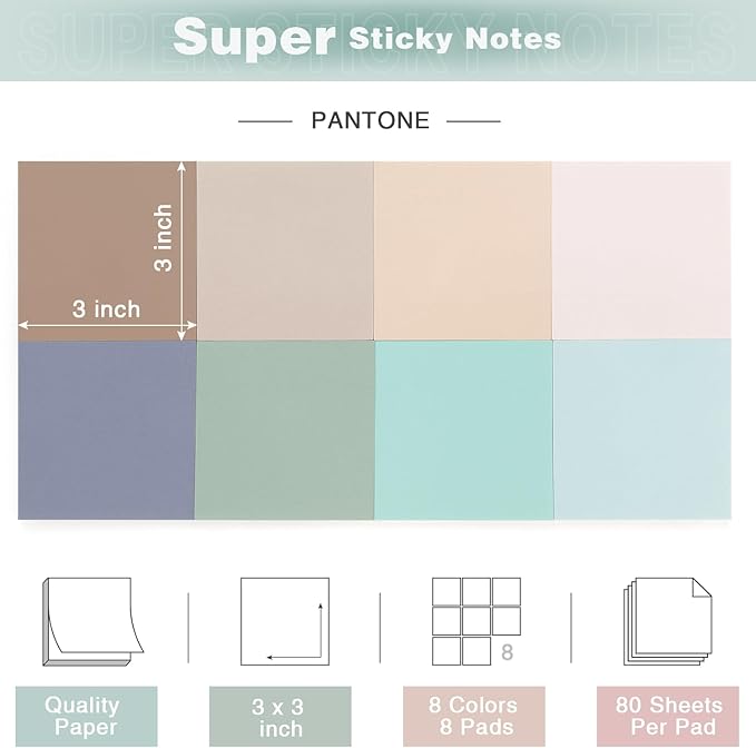 Vintage Colors Sticky Notes 3x3 inch, 8 Pads, Self-Stick Note Pads, Super Sticky Self-Adhesive Sticky Notes, 8 Pads/Pack, 80 Sheets/Pad