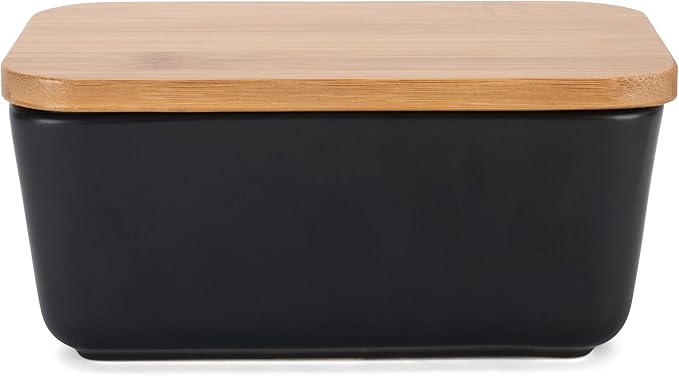Nat & Jules Ceramic Stoneware 1/2 Pound, 2 Sticks Butter Dish with Airtight Bamboo Lid, Kitchen Accessory, Container Holder, Refrigerator Storage and Countertop Organization, Matte Black