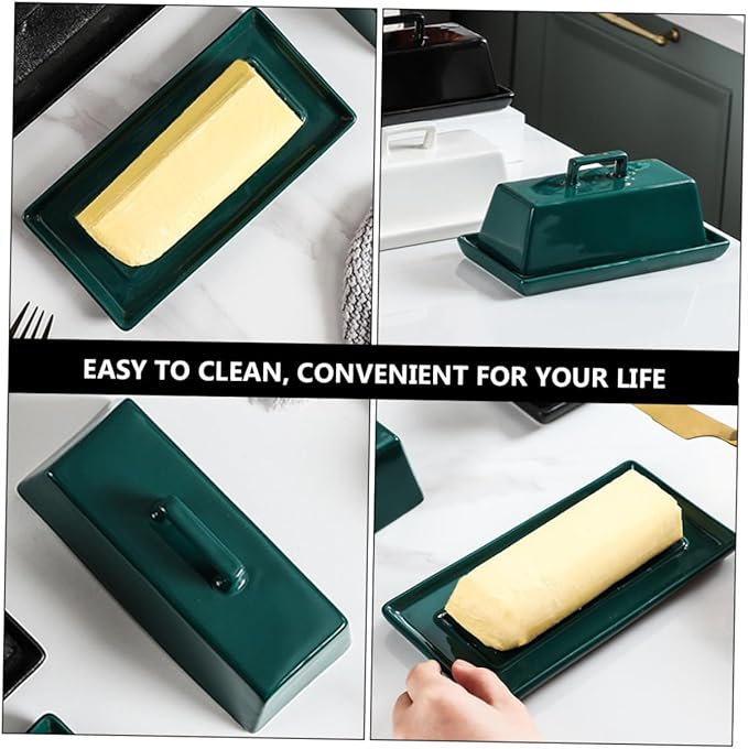 NUOBESTY Ceramic Butter Tray with Lid Multi-function Covered Butter Container for Kitchen Countertop Storage Airtight Green Glossy Suitable for Everyday Meals and Restaurant Use