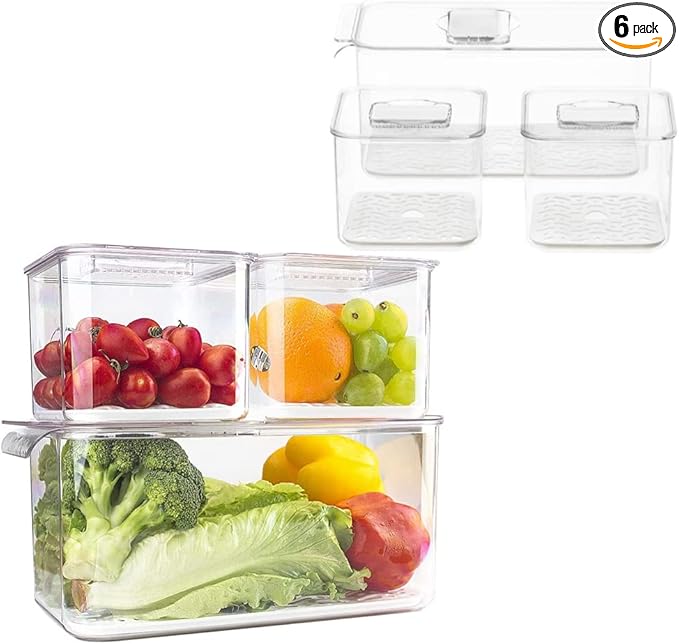 Slideep Fridge Produce Saver Food Storage Bin Containers, Stackable Refrigerator Freezer Organizer Bins with Removable Drain Tray, Fridge Fresh Keeper for Veggie, Berry, Fruits, Vegetables 6 Pack