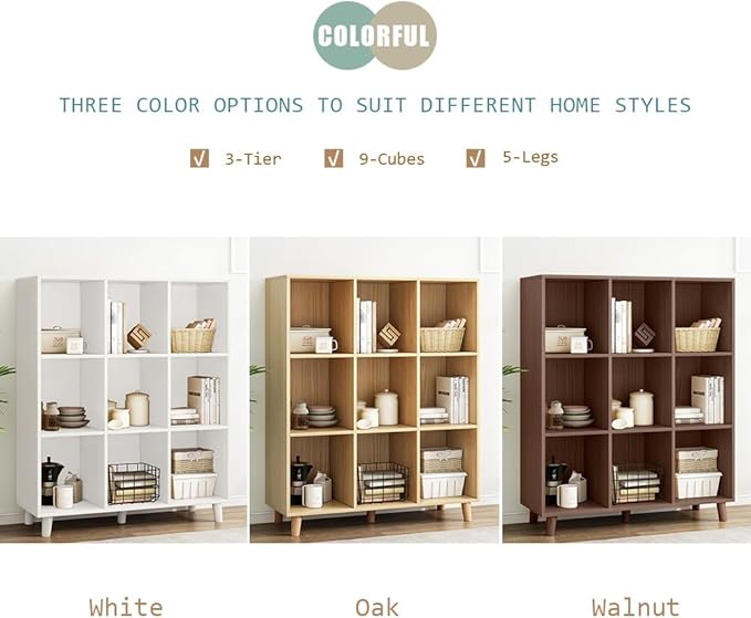 IOTXY Open Cube Low Bookcase - 3-Tier Freestanding Storage Display Cabinet Organizer with Legs for Home Office, 9-Cubes Open Shelf Short Bookshelf, Oak