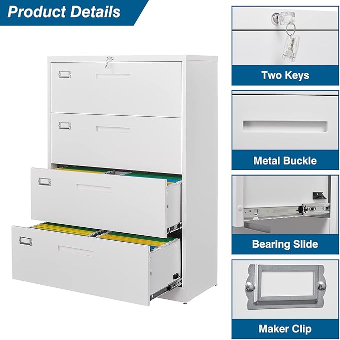 4 Drawer File Cabinet, Lateral Filing Cabinets for Home Office, Office Storage Drawers with Lock, Hanging Files Legal/Letter A4 Size (Assemble Required,White)