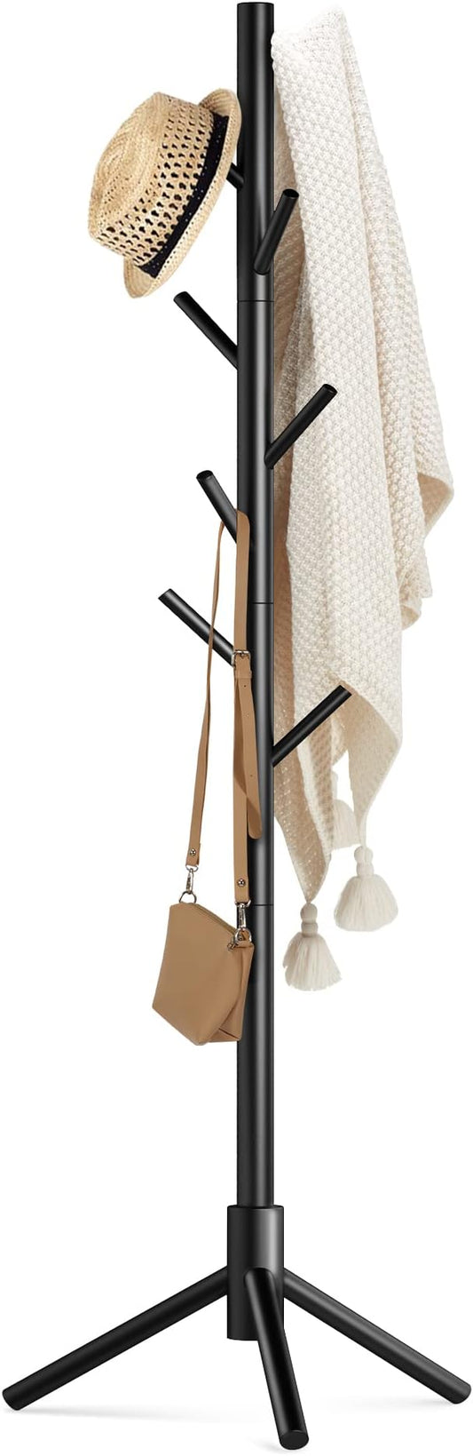 Haddockway Wooden Coat Rack Stand with 8 Hooks New Zealand Pine 3 Adjustable Coat Standing Tree Easy Assembly for Coats, Hats, Scarves and Handbags for Entryway, Hallway, Bedroom, Office
