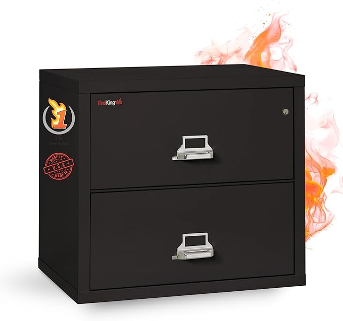 FireKing Fireproof Lateral File Cabinet (2 Drawers, Impact Resistant, Water Resistant), 27.75" H x 31.19" W x 22.13" D, Black