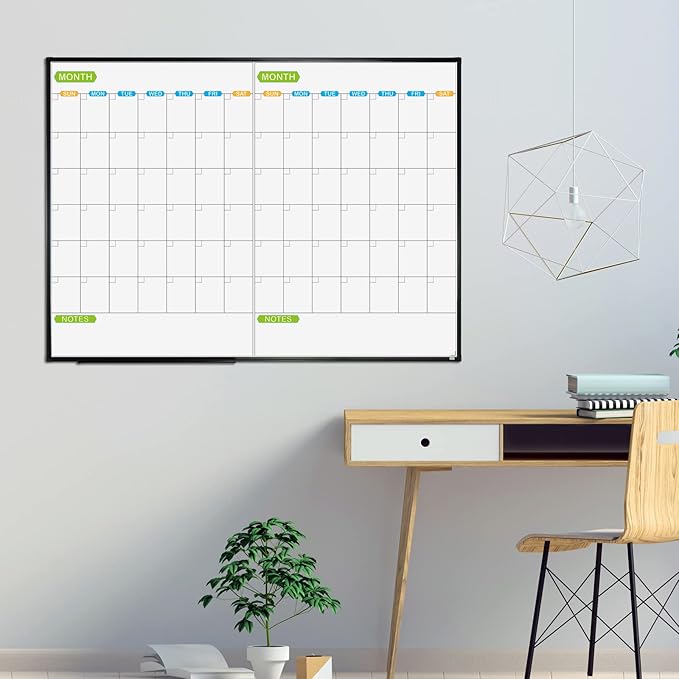 JILoffice Magnetic Dry Erase Calendar Whiteboard, 2 Month White Board Planner 48 X 36 Inch, Black Aluminum Frame Wall Mounted Board for Office Home and School