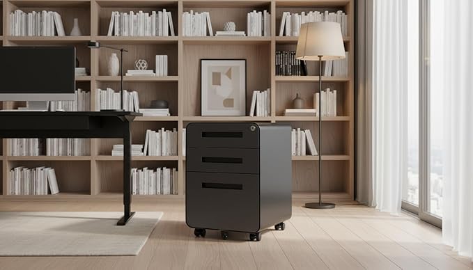 Modern 3-Drawer Mobile File Cabinet, Dark Grey Metal Filing Cabinet with Lock, Under-Desk Rolling File Storage with 5 Wheels, Legal/Letter/A4 Hanging File Compatible, 15.75" W x 18.11" D x 22.83" H