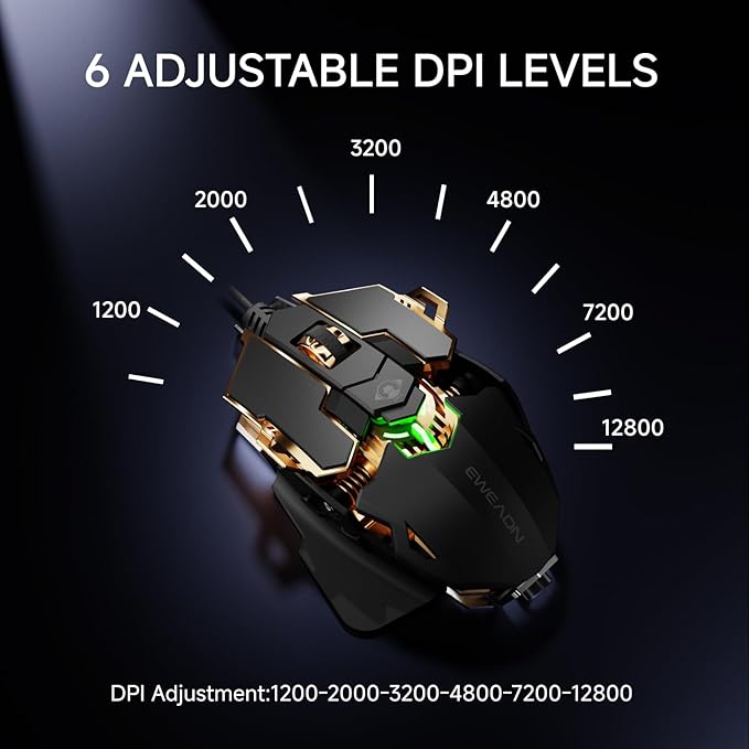 EWEADN G5 Wired Gaming Mouse, Ergonomic RGB Computer Mouse, 12800 Adjustable DPI, 9 Programmable Macro Buttons with Rapid Fire Key Compatible for PC/Laptop/Windows- Black&Gold