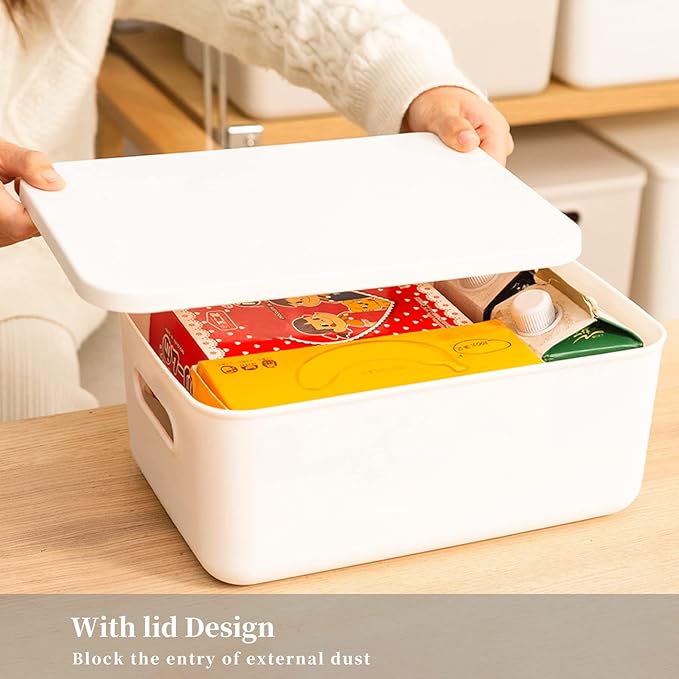 Plastic Storage Baskets Bins Boxes With Lids,Organizing Container White Storage Organizer Bins For Shelves Drawers Desktop Playroom Classroom Office,6-Pack(4M+2S)