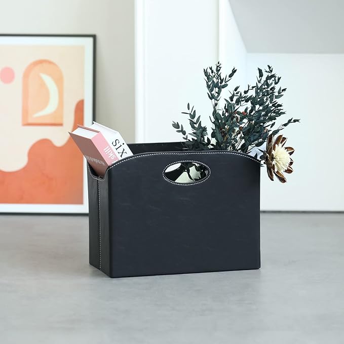 EZDeco Magazine Holder Foldable Magazine Rack Floor PU Leather File Holder Newspaper Book Storage Basket Document File Folder Organizer for Office Home