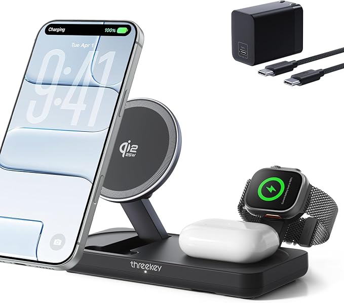 THREEKEY 3 in 1 iPhone 17 Charging Station,MagSafe Charger Compatible, Qi2 25W MFi Certified Wireless Charger Stand for iPhone 17/16/15/14/13/12, Apple Watch, AirPods(45W Adapter Included)