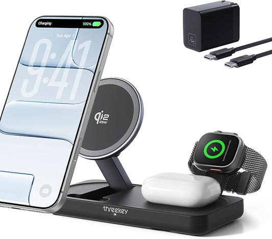 THREEKEY 3 in 1 iPhone 17 Charging Station,MagSafe Charger Compatible, Qi2 25W MFi Certified Wireless Charger Stand for iPhone 17/16/15/14/13/12, Apple Watch, AirPods(45W Adapter Included)