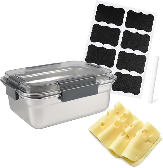 Cheese Container for Refrigerator,Cheese Stainless Steel Container with Lids,Deli Meat Saver,Shredded Cheeses Storage Containers for Fridge,Stackable Kitchen Keeper,Sliced Cheddar Holder