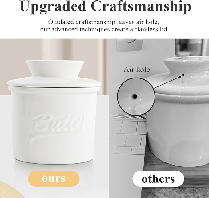 Butter Crock for Counter with Water, French Butter Keeper for Spreadable Butter Ceramic Butter Dish with Lid for Countertop, Butter Container Holder, Home Kitchen Decor (White, M)