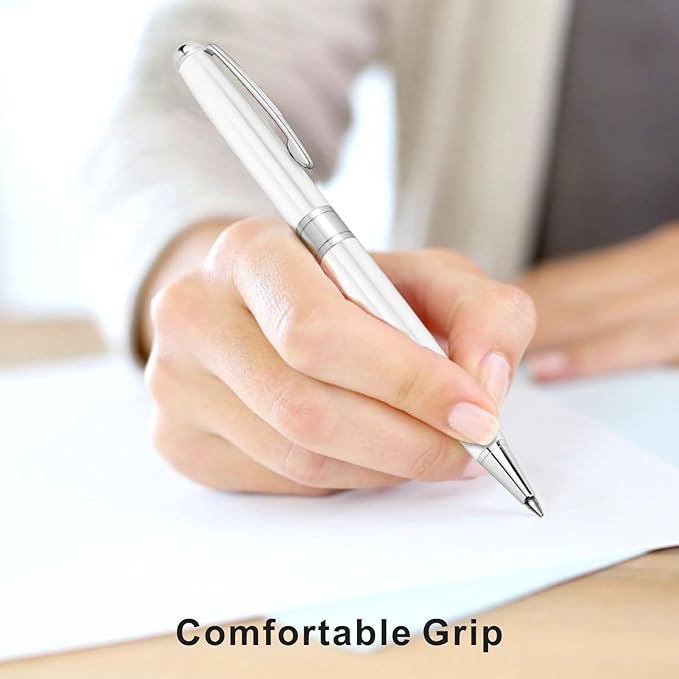 Cambond Ballpoint Pens White Pen - Fancy Pens Black Ink Pens for Journaling Men Gift Business Police Flight Attendant 1.0 mm Medium Point, 3 Pens with 3 Extra Refills (White)