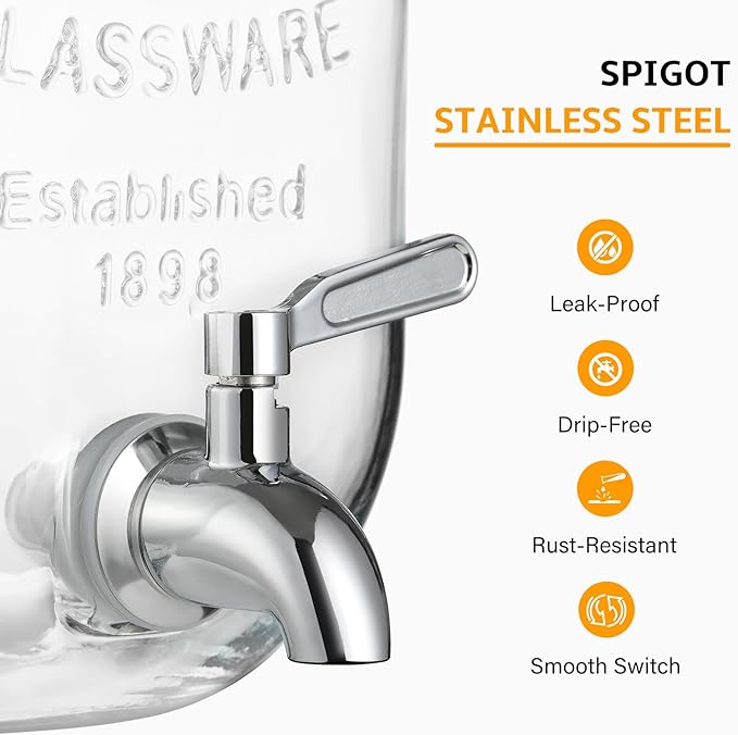 2 Gallon Glass Beverage Dispenser, 18/8 Stainless Steel Spigot and Lid - Glass Drink Dispensers for Parties - Mason Jar Drink Dispensers with Lids - Laundry Detergent Holder