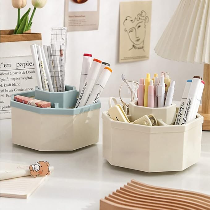 Desk Organizer, 360-Degree Rotating Multi-Functional Pen Holder, 5 Compartments Desktop Stationary Organizer, Home Office Art Supply Storage Box Caddy (White+Blue)