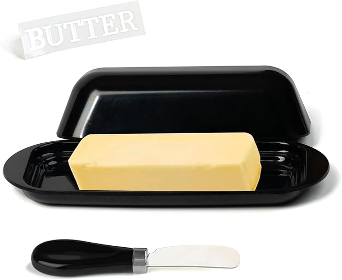 Butter Dish with Lid and Knife, Durable Countertop & Fridge Butter Keeper, BPA-Free Melamine Butter Container, Dishwasher Safe, Fits East/West Coast Butter Sticks (Black)