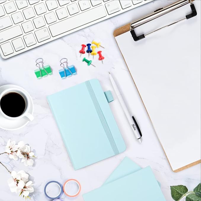 feela 15 Pack Pocket Small Notebooks Bulk, Mini Cute Memo Notepads Hardcover College Ruled Lined Journals with Pen Holder for Women Girls Office School, with 15 Black Pens, 3.5”x 5.5”, A6, Sky Blue