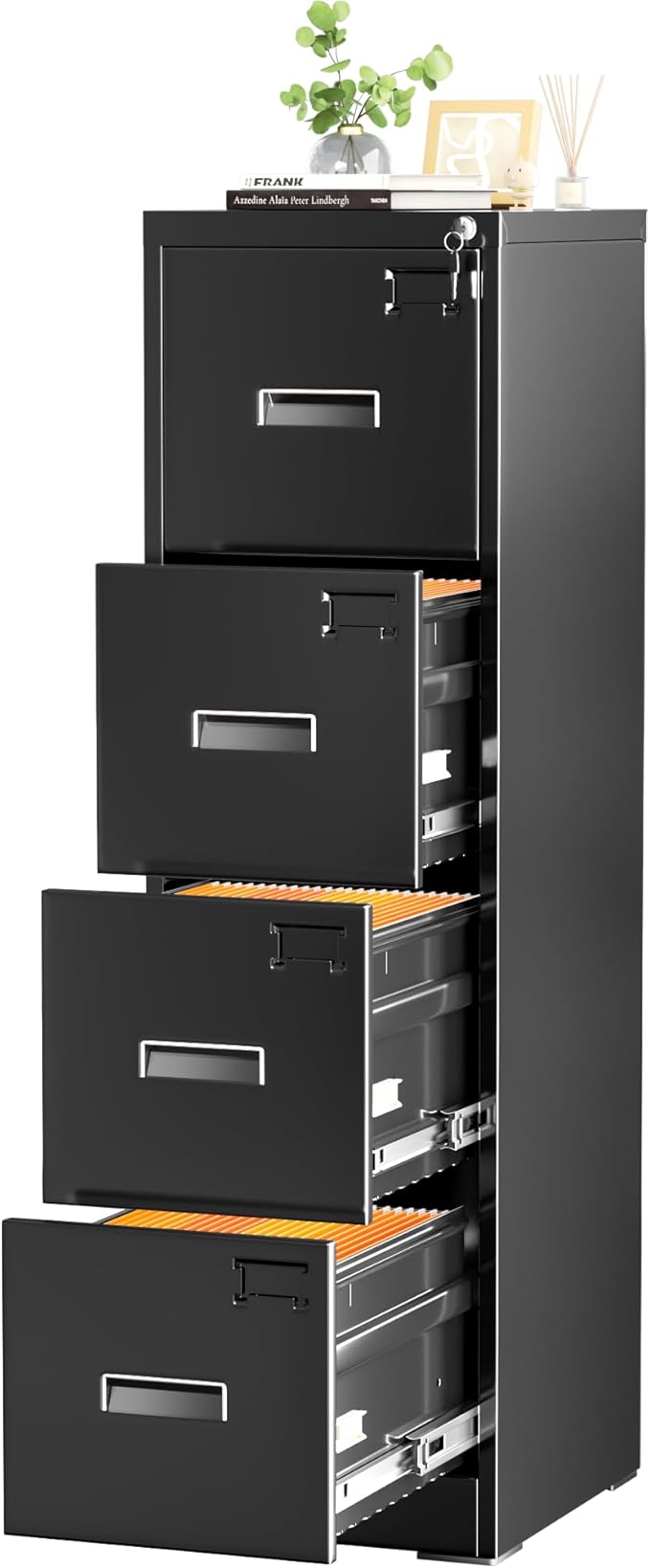 INTERGREAT 4 Drawers File Cabinet with Lock, 18" D Metal Black Vertical Filing Cabinet for Hanging Folders, Easy Assemble