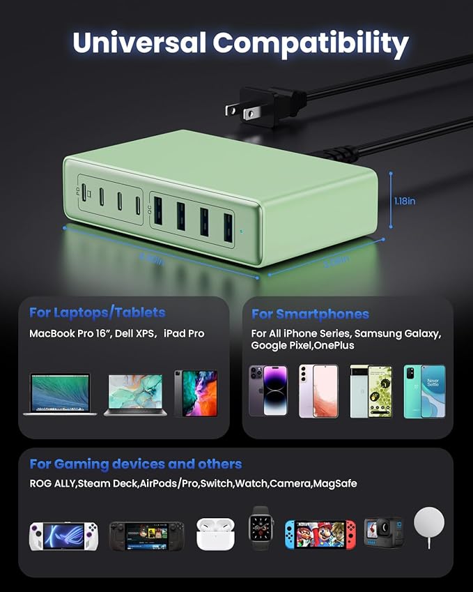 200W USB C Charger Block,GaN IV Charging Station 8 Ports,QC4.0 Fast Charging Station Hub+PD 65W USB C Laptop Charger Adapter Compatible with MacBook Air/Pro,DELL,iPhone 17/16/15,iPad,Steam Deck-Green