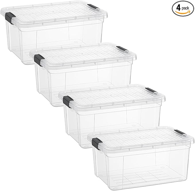 Superio Clear Storage Boxes with Lids, 11 Quart Plastic Container Bins for Organizing, Stackable Crates, BPA Free, Non Toxic, Odor Free, Organizers for Home, Office and Dorm, 4 Pack