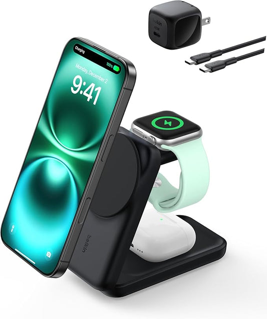 Belkin MagSafe Charger Compatible, 3-in-1 Charging Station, Qi2.2 25W Magnetic Wireless Charger Dock, Foldable Charging Stand for iPhone 17/16/15, Apple Watch, AirPods, Pixel 10 (45W Adapter Included)
