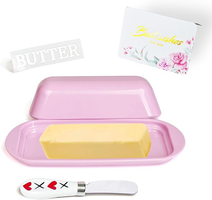 Butter Dish with Lid and Knife , Durable Countertop & Fridge Butter Keeper, Melamine Butter Container Valentine’s Gift, XOXO Design – Pink