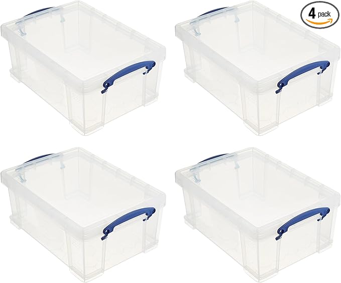 Really Useful Box Stackable 9 Liter Plastic Storage Container Bin with Snap Lid and Built-In Clip Lock Handles for Home & Office Organization (4 Pack)
