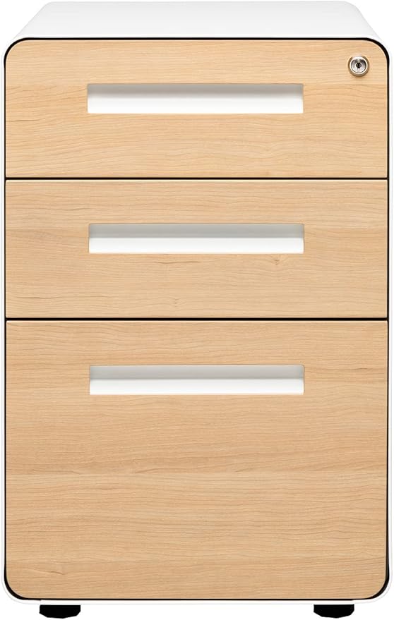 Laura Davidson Furniture Stockpile 3 Drawer File Cabinet with Lock - Under Office Desk Metal Filing Cabinet, Legal/Letter File Folders, Wheels and Stationary Feet, Pre-Assembled, White/Wood
