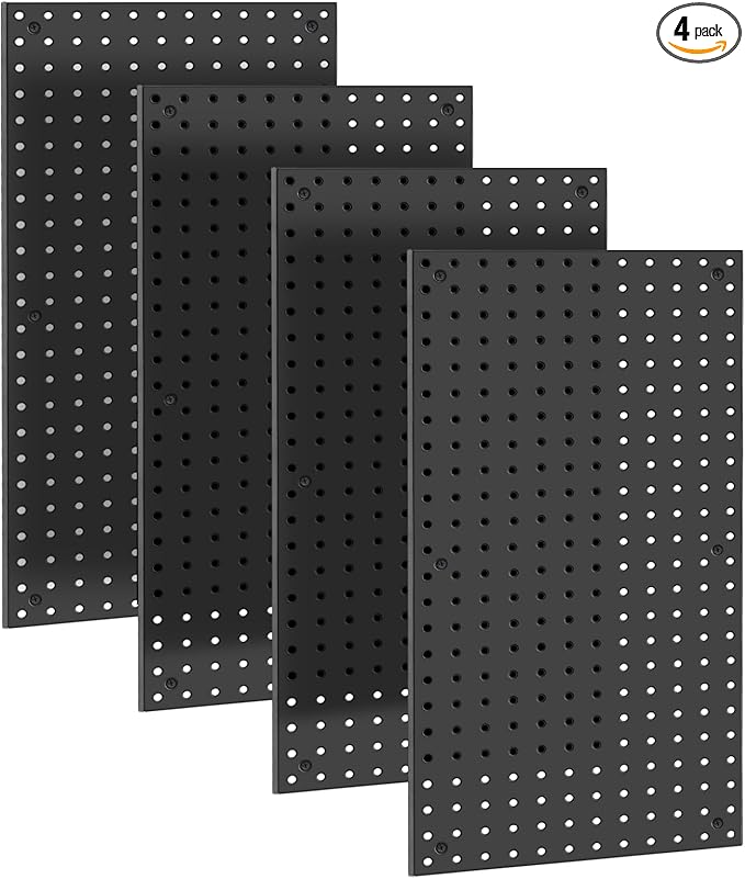 4 Pack 12-Inch X 24-Inch Metal Pegboard Wall Panels, Peg Boards for Garage Tool Storage (Black1224)
