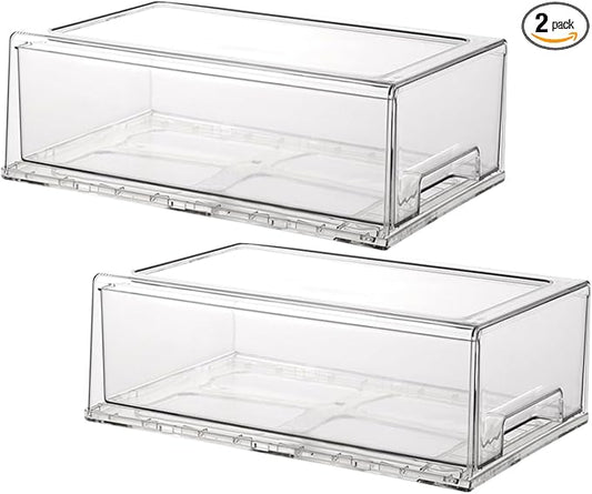 Stackable storage drawers, clear pull-out organizer with handles and non-slip pads for kitchen, refrigerator,office desktop, pantry and shelves, perfect for organization and storage (2 Pack, Medium)