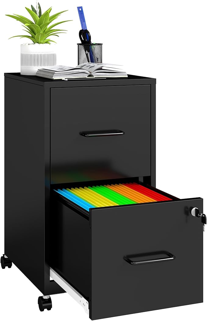 2 Drawer File Cabinet on Wheels, Mobile Filing Cabinets with Lock, Metal Storage Cabinet, Vertical Filing Cabinets for Home Office, Rolling File Cabinet for Under Desk, Amssebly Required,Black